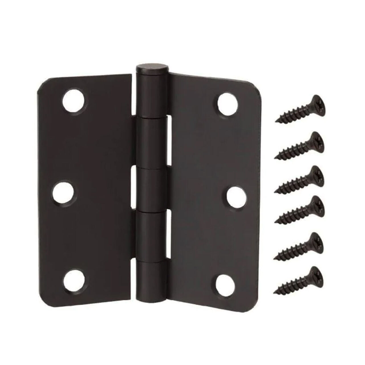 The Go Build 3-1/2 in. (1/4 in. rad.) Round Corner Door Hinge in oil-rubbed bronze is shown with six matching screws, all arranged on a white background.